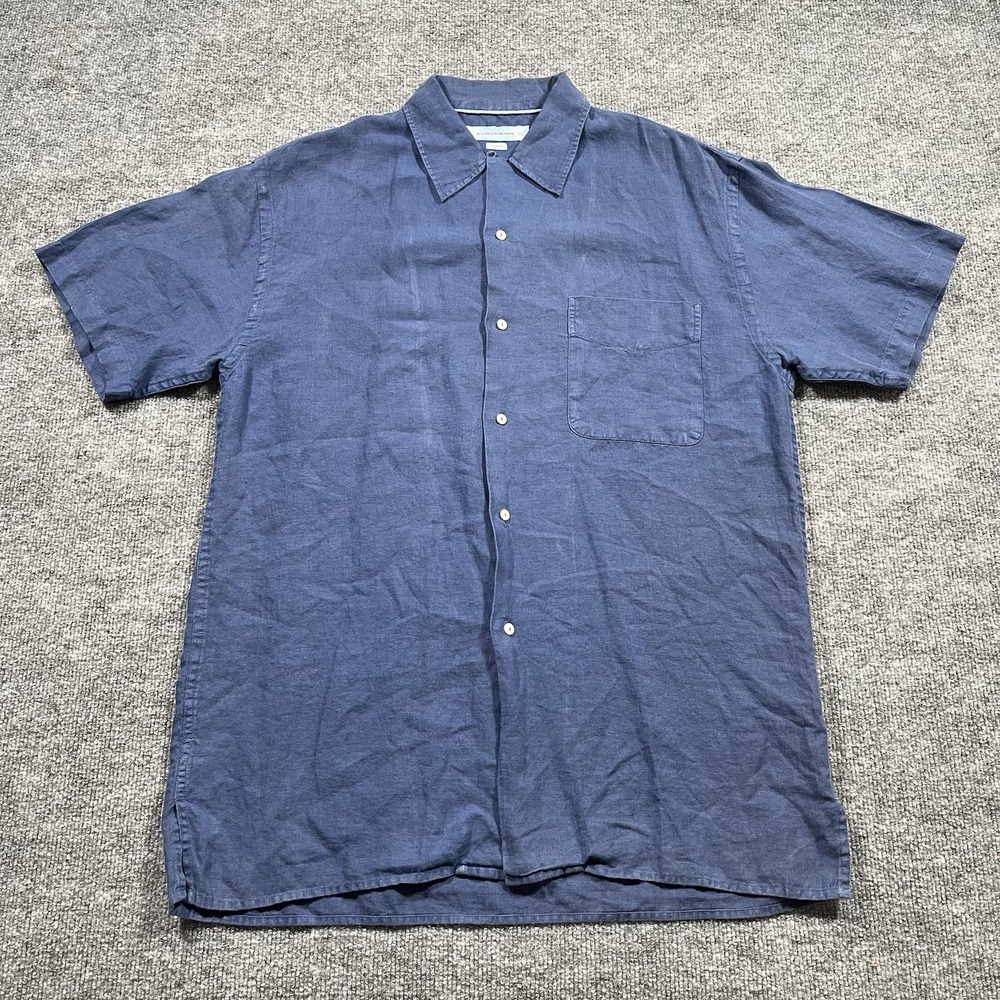 Europann Shirt Mens XL Navy Blue Linen Short Sleeve Button Up Loop Collar Preppy